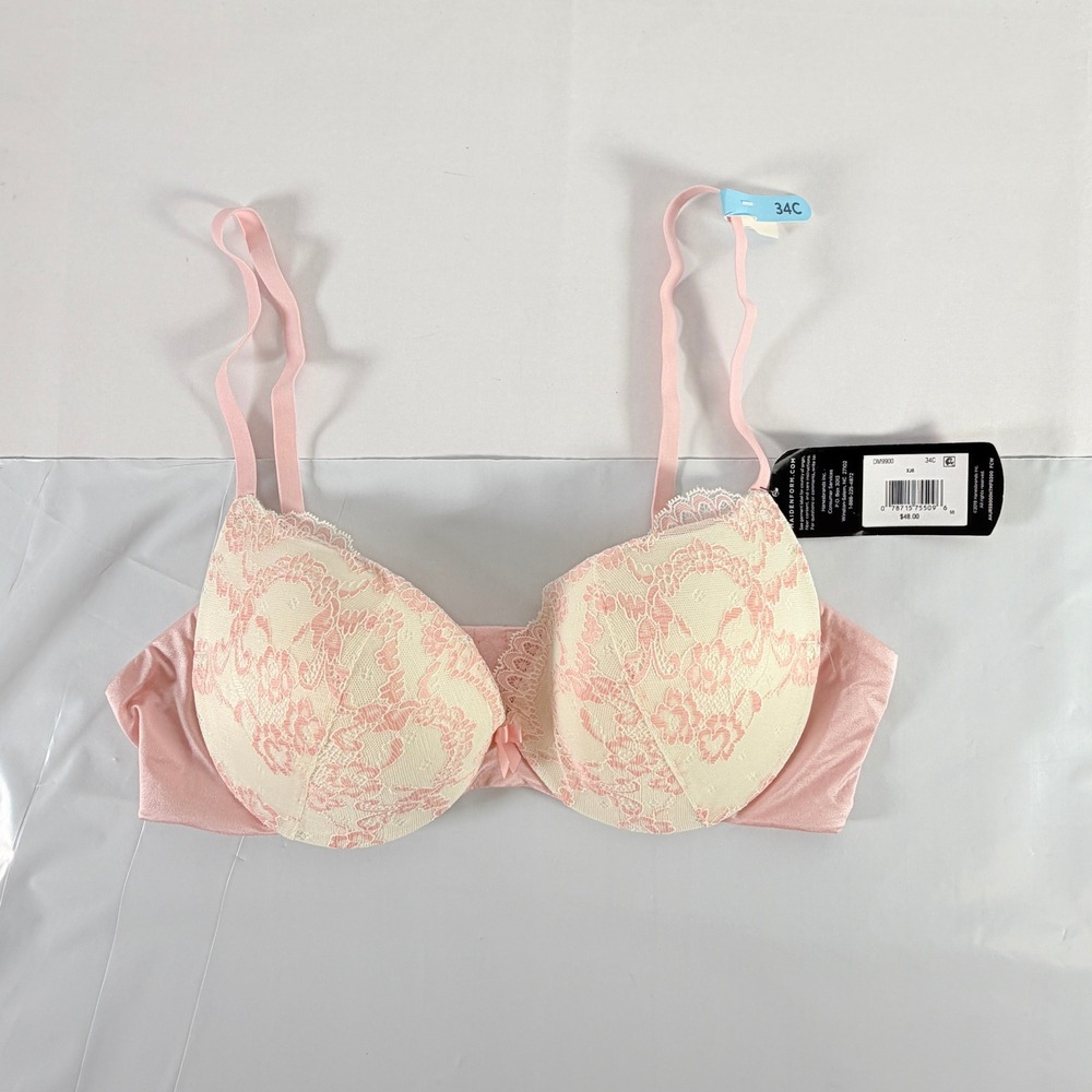 Maidenform Love the Lift Plunge Push Up Bra Size 34C Ivory Pink Lace Underwire